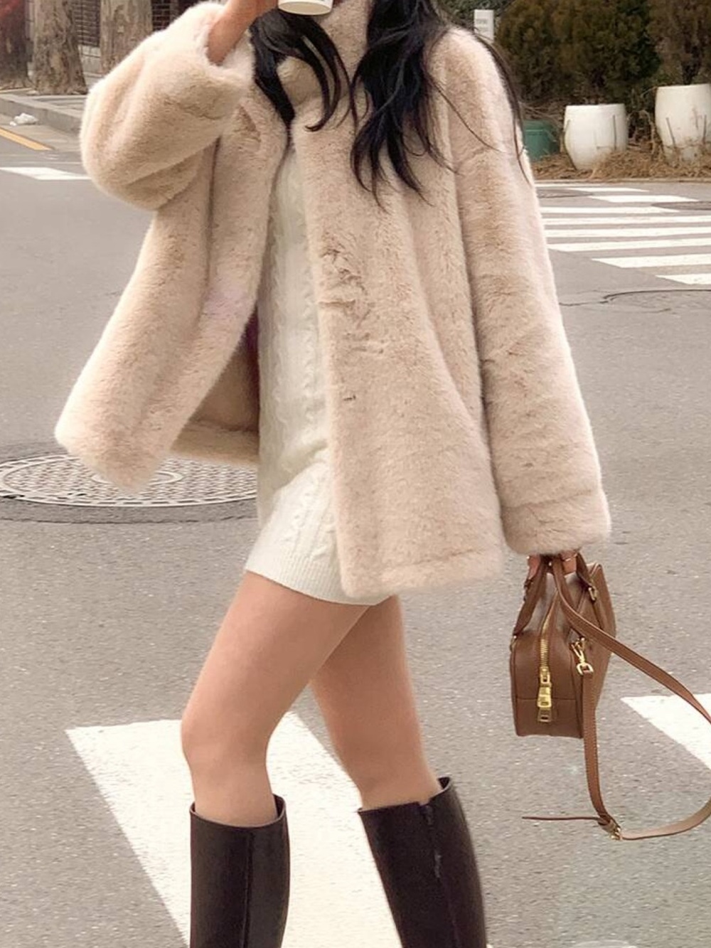 Women's Long Sleeve Solid Color Faux Fur Collar Jacket